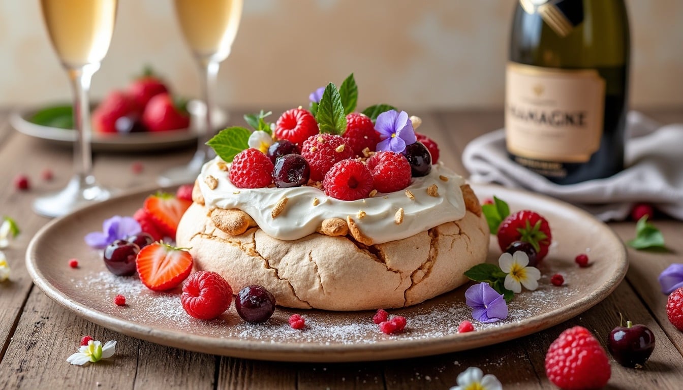 découvrez la recette parfaite de la pavlova au champagne et fruits rouges. apprenez tous les secrets pour réaliser une meringue aérienne, légère et savoureuse, qui éblouira vos invités. suivez nos conseils étape par étape pour un dessert festif inoubliable.