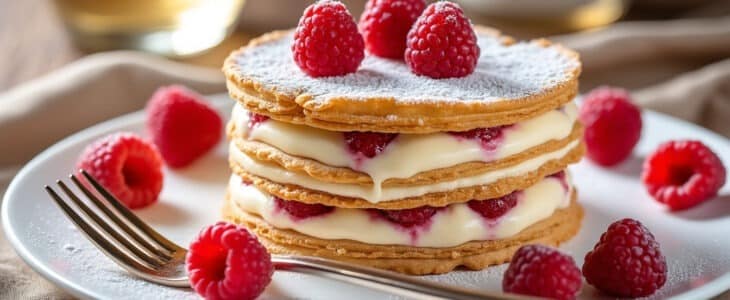 délectez-vous avec notre mille-feuille au champagne et framboises, un dessert exquis qui allie finesse et élégance. parfait pour toutes les occasions, ce délice a été conçu pour impressionner même les palais les plus exigeants. laissez-vous séduire par une explosion de saveurs et une présentation digne des plus grands pâtissiers.