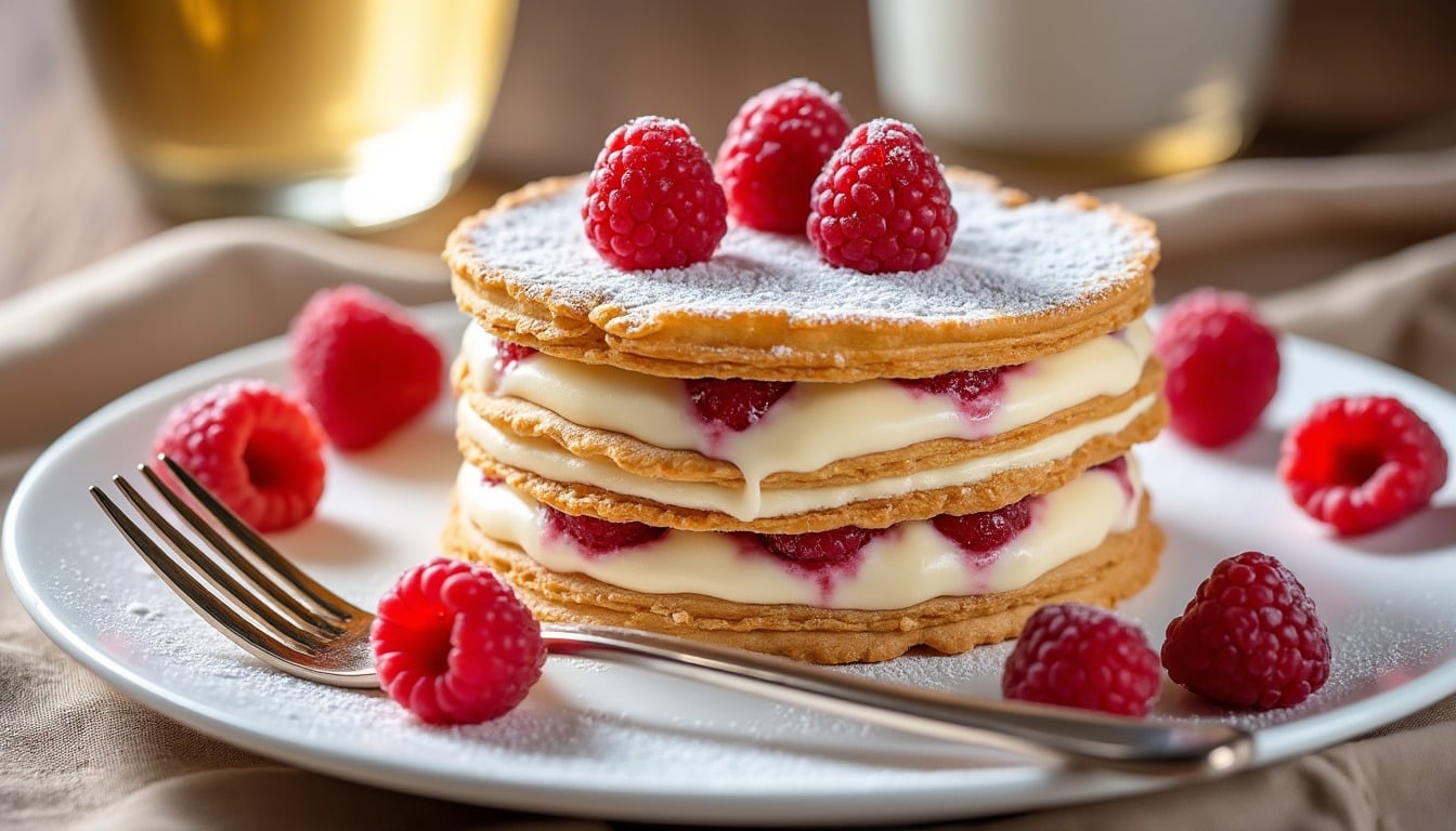 délectez-vous avec notre mille-feuille au champagne et framboises, un dessert exquis qui allie finesse et élégance. parfait pour toutes les occasions, ce délice a été conçu pour impressionner même les palais les plus exigeants. laissez-vous séduire par une explosion de saveurs et une présentation digne des plus grands pâtissiers.