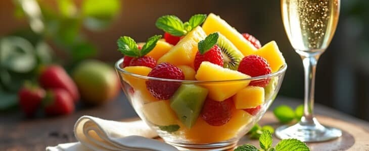 découvrez notre délicieuse salade de fruits exotiques au champagne, un dessert léger et frais qui apportera une touche d'élégance à vos repas. parfait pour impressionner vos invités ou pour une douce gourmandise, cette recette allie la douceur des fruits tropicaux à la légèreté des bulles.