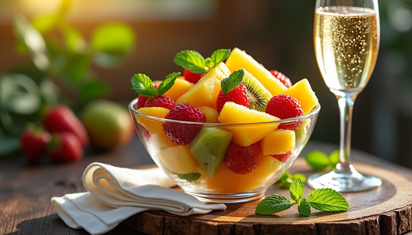découvrez notre délicieuse salade de fruits exotiques au champagne, un dessert léger et frais qui apportera une touche d'élégance à vos repas. parfait pour impressionner vos invités ou pour une douce gourmandise, cette recette allie la douceur des fruits tropicaux à la légèreté des bulles.