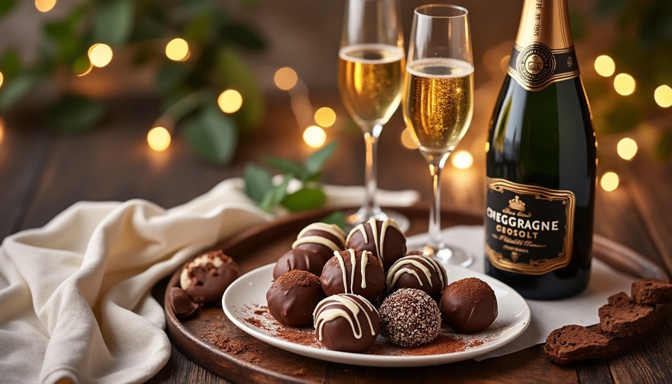 découvrez l'harmonie parfaite entre les truffes au chocolat et le champagne dans ce dessert d'exception. une expérience gustative raffinée qui ravira vos papilles et égayera vos occasions spéciales.