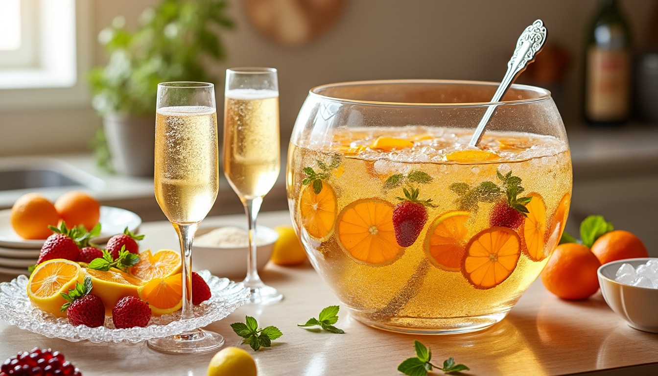 découvrez notre recette facile pour préparer un punch au champagne délicieux pour 10 personnes. suivez nos conseils simples pour réussir cette boisson pétillante idéale pour vos soirées et événements. impressionnez vos invités avec une boisson rafraîchissante et élégante !