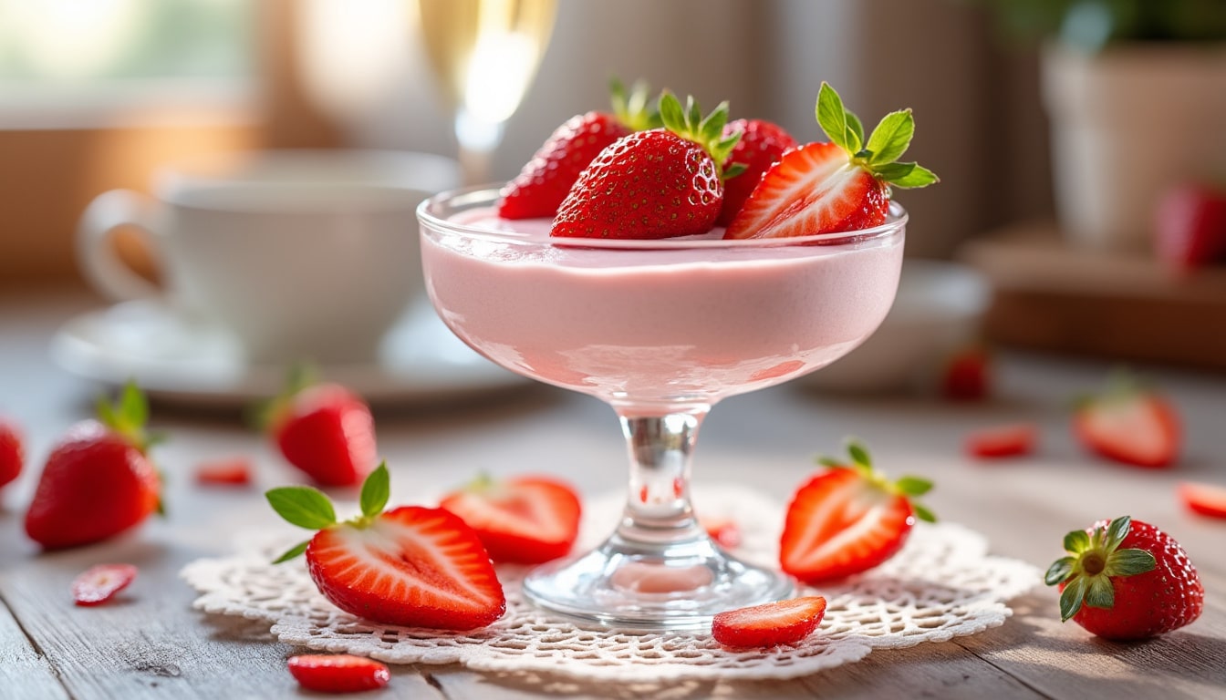 découvrez notre délicieuse recette de mousse au champagne et fraises, une sélection légère et fruitée qui ravira vos papilles. idéale pour vos occasions spéciales, cette douceur aérienne allie le goût pétillant du champagne à la fraîcheur des fraises. facile à réaliser, elle apportera une touche d'élégance à votre dessert.
