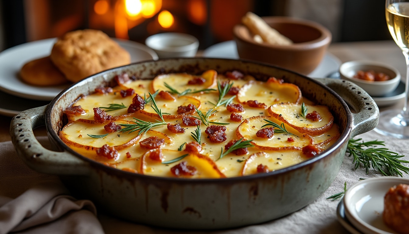 découvrez une délicieuse tartiflette au champagne et lardons, une revisite du plat d’hiver classique qui allie tradition et élégance. parfaite pour réchauffer vos soirées, cette recette crémeuse et savoureuse apportera une touche festive à vos repas d'hiver. à essayer absolument !