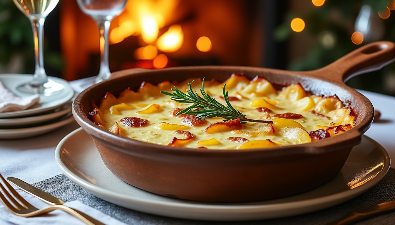 découvrez notre délicieuse tartiflette au champagne et lardons, une revisite élégante de ce plat d'hiver emblématique. alliant l'onctuosité du fromage et la légèreté du champagne, ce mélange de saveurs réchauffera vos soirées. à essayer absolument !
