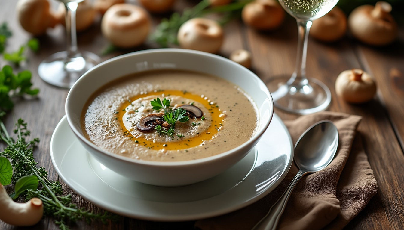 découvrez notre velouté de champignons et champagne, une entrée raffinée et réconfortante qui allie des saveurs délicates et un soupçon d'élégance. parfait pour impressionner vos invités lors d'un dîner ou simplement pour vous faire plaisir avec un plat savoureux.