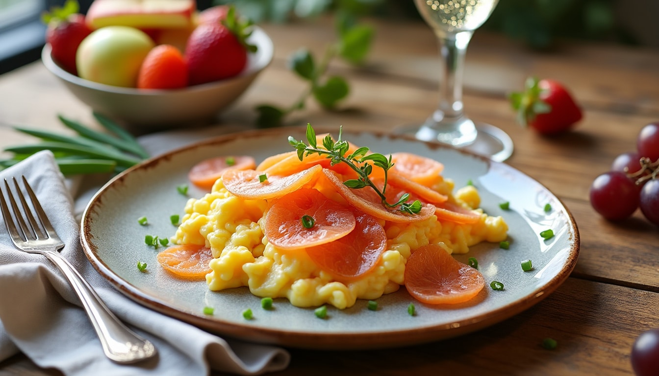 découvrez une vraie touche de luxe pour votre brunch avec nos œufs brouillés au champagne et saumon fumé. une recette simple et originale qui allie la délicatesse des œufs crémeux et le goût savoureux du saumon. parfait pour épater vos invités!